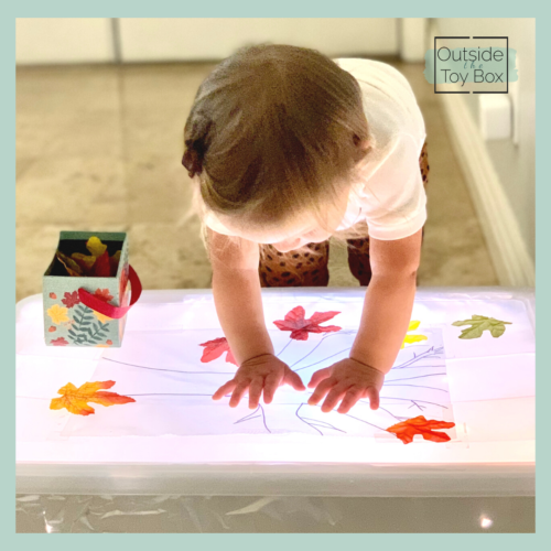 Toddler with leaves on light table