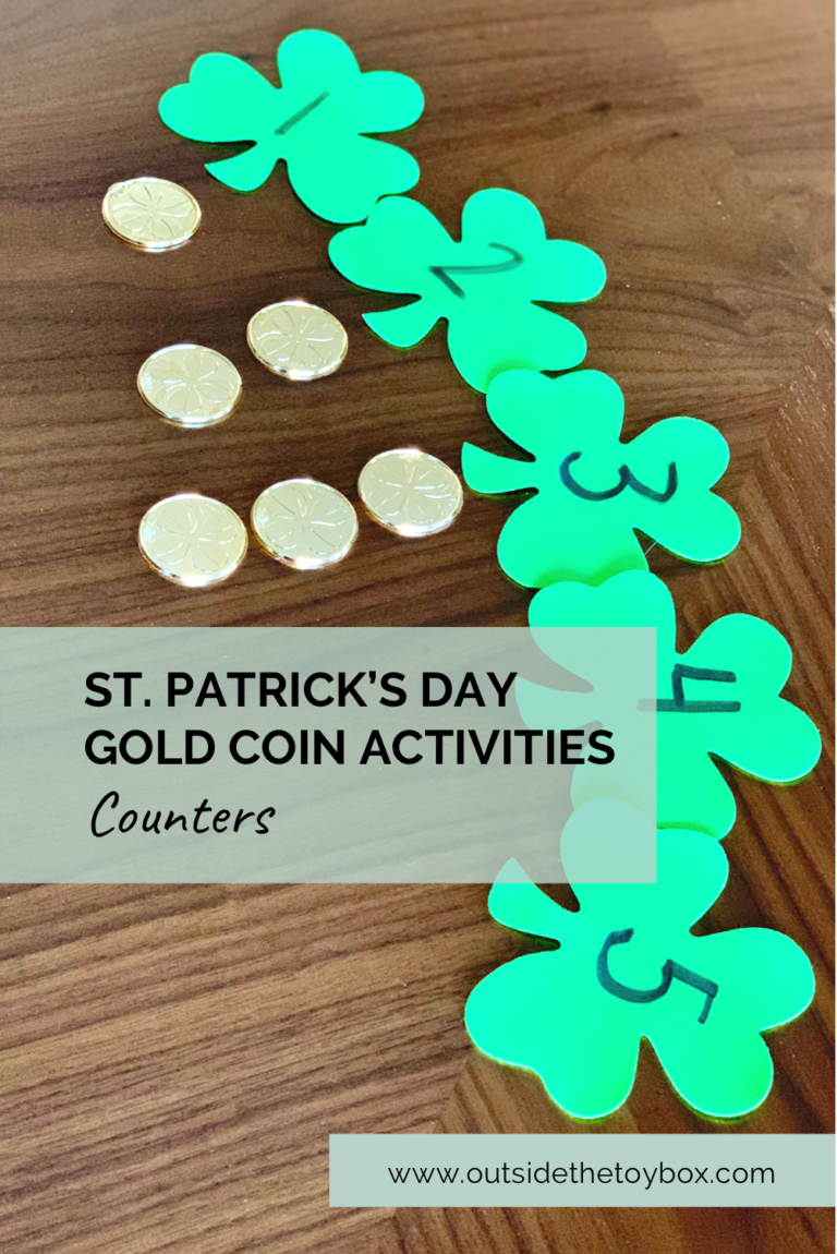 St. Patrick's Day gold coins lined up with numbers on shamrocks