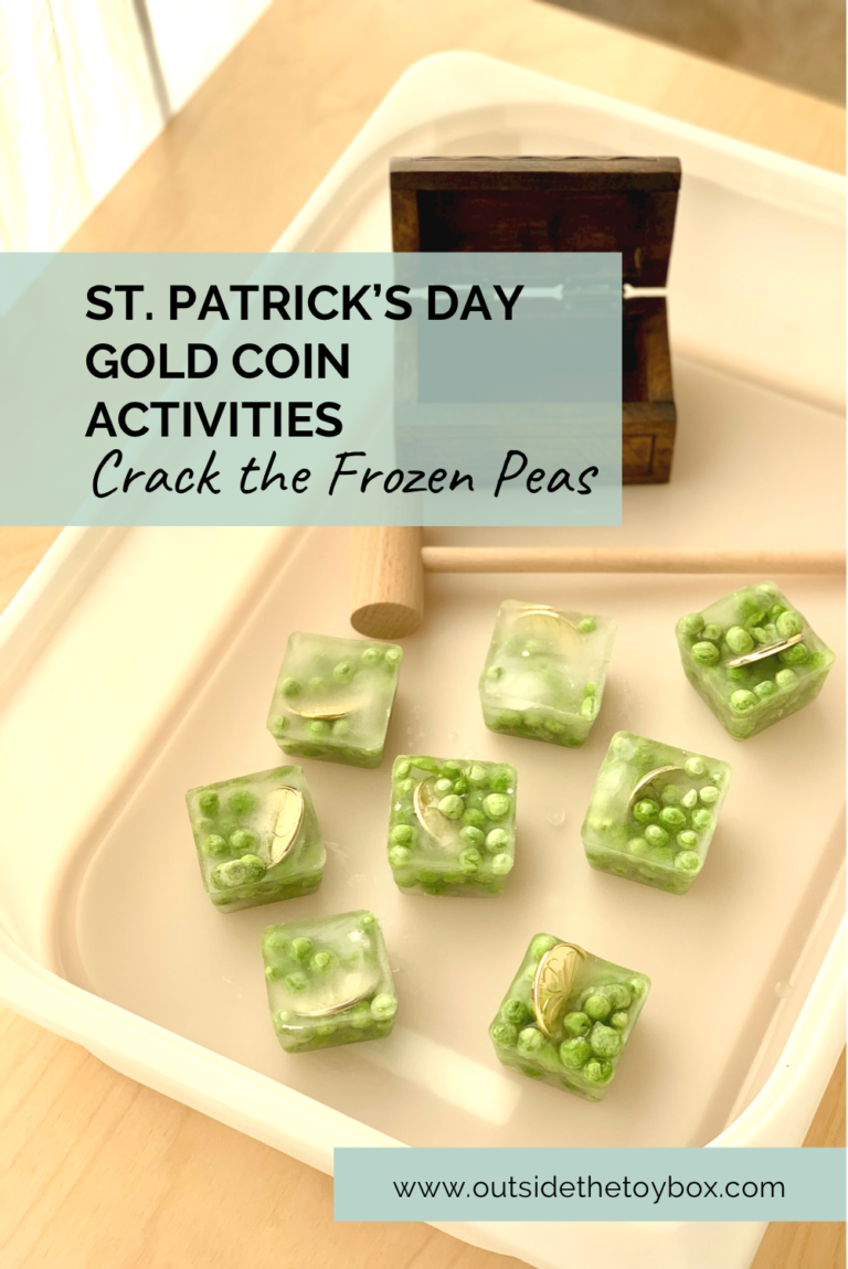 gold coins frozen inside cubes of frozen peas with hammer and treasure chest