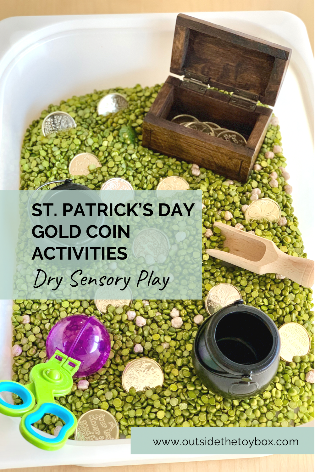 St. Patrick's Day Gold coin dry sensory bin with scoops treasure chest and pot of gold