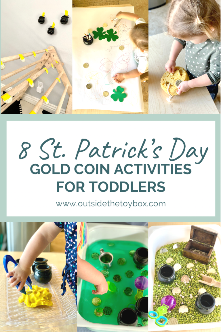 Photo collage of toddler playing with St. Patrick's Day Gold coin activities