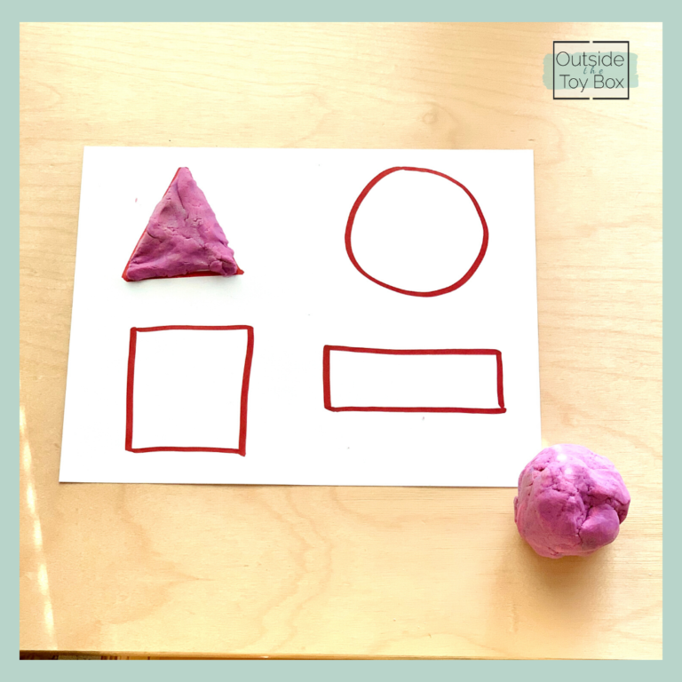 triangle circle square and rectangle with a ball of play dough and triangle filled in with play dough
